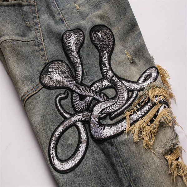 

mens slim fit bleached high elasticity all-match trend cotton pattern /patch/letter/snake/embroidery/art youth pop denim for men pants, Blue