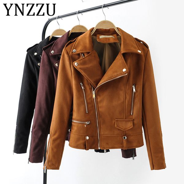 

ynzzu 2019 autumn winter suede leather jacket women rivet zippers long sleeve female biker jacket slim outwears a1023, Black