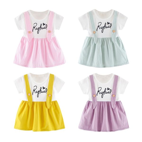 

лето babys girl princess dress поддельные 2 шт. малыша письмо с принтом с коротким рукавом хлопок сарафанa, Red;yellow