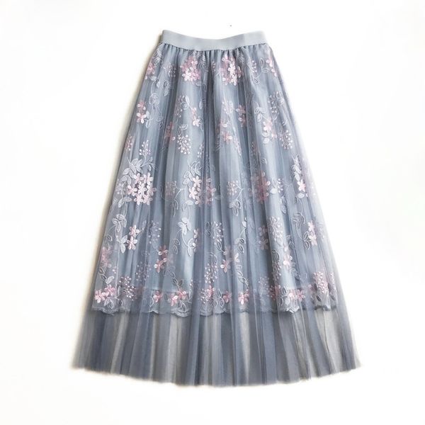 

mode zomer herfst tule skints vrouw hoge taille mesh plated rok vrouwelijke saias faldas koreaanse bloemen borduren maxi rok, Black