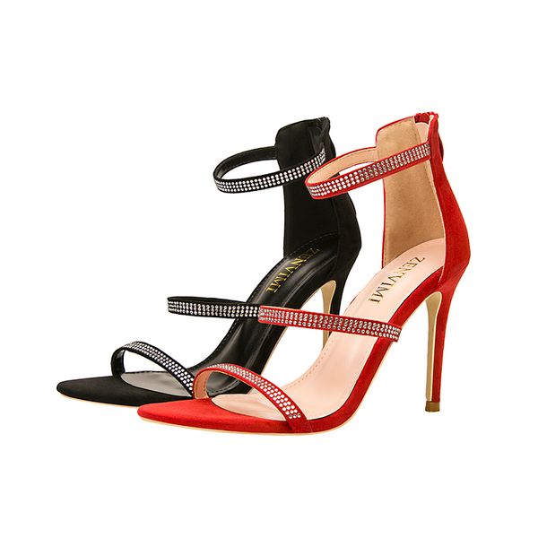 

european and american fashion summer high heels women's thin heel super high heel suede one word water drill sandals with open toe