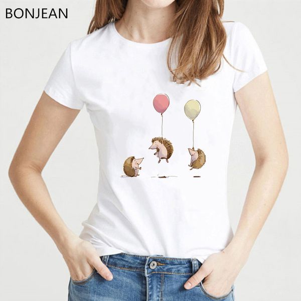 

summer shirt women harajuku kawaii balloons hedgehog t shirt femme white casual animal print camiseta mujer female t-shirt