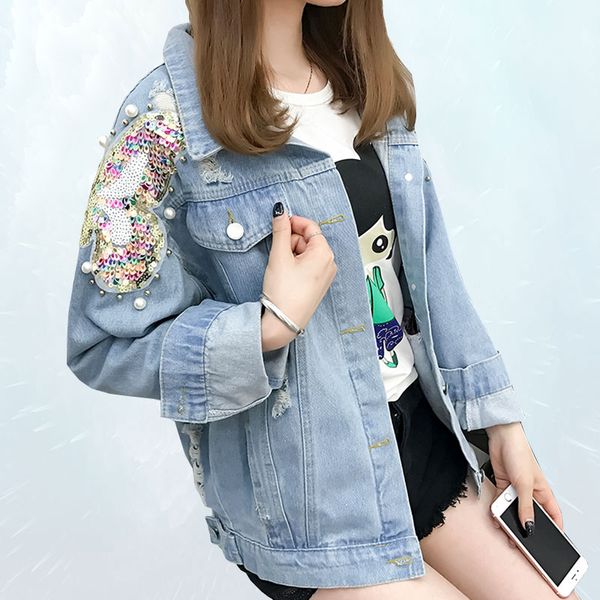 

spring fashion beaded sequins denim jacket women 2019 new autumn frayed jacket loose bf harajuku jean outwear female sl297, Black;brown