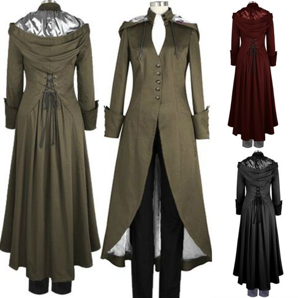 

women steampunk vintage maxi trench victorian costume black long slim fit hooded robe coat for lady 4xl plus size, Tan;black