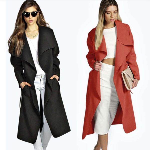

woolen cloth coat women's 2020 european leg autumn and winter new style belt with pockets plus-sized mid-length jacket trench co, Black