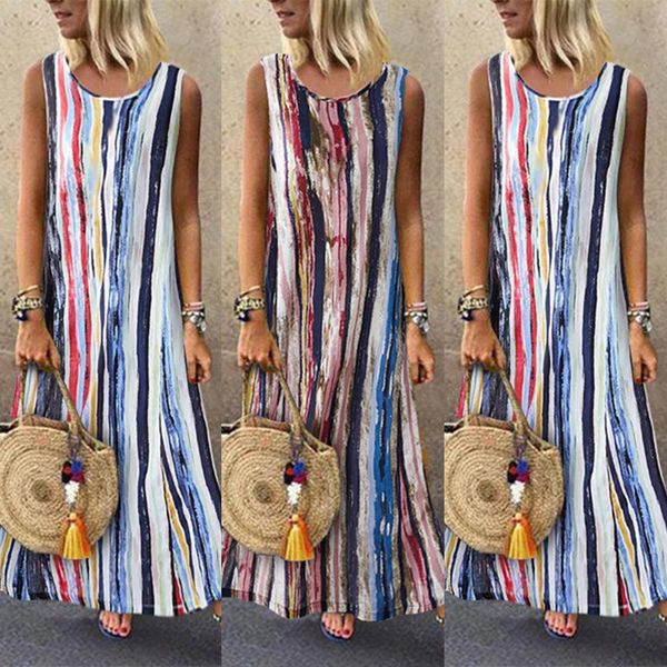 

womens striped cotton linen maxi dress sleeveless summer casual baggy long dress, Black;gray