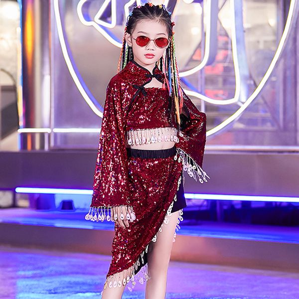 

children hip hop dance costumes red sequins jazz performance clothing girls cheerleading outfit kids street dancewear dnv12323, Black;red