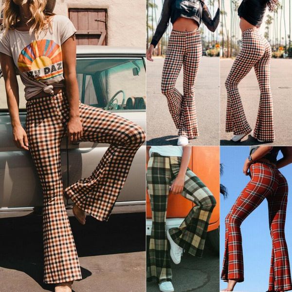 

vintage plaid women girls high waist bell bottom long flare pants stretch boho hippie bell-bottom pants, Black;white