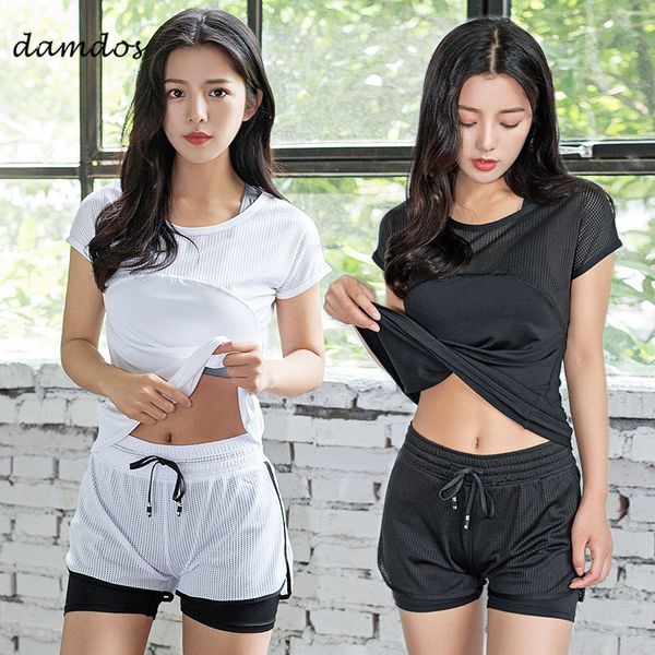 

3piece women's yoga sets sport women fitness gym yoga bra tshirt sportswear trainning short tracksuit running suit, White;black