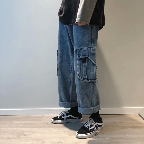 

боковой винтажный грузовой карман высокая талия плюс размер негабаритные свободные джинсовые брюки уличная панк хип-хоп мода мужчины женщина, Black