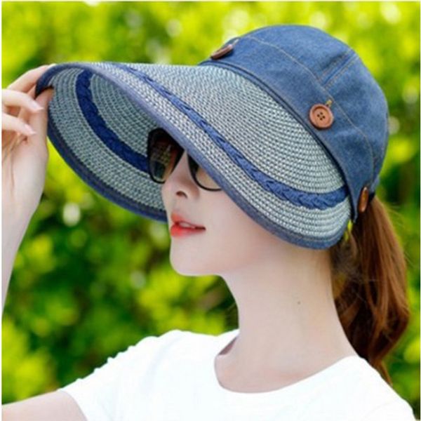 

casual jeans stitching hat summer anti-uv protective hat women outdoor cap monochrome wide brim, Blue;gray