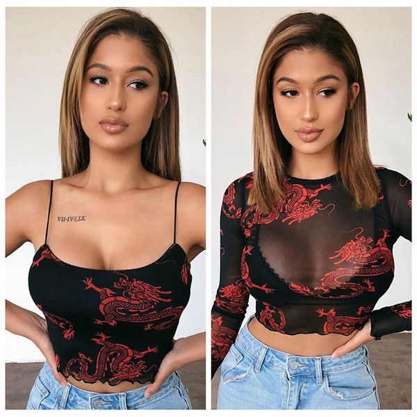 

2020 dragon printing mesh perspective pleated edge with sling vest t-shirt, White