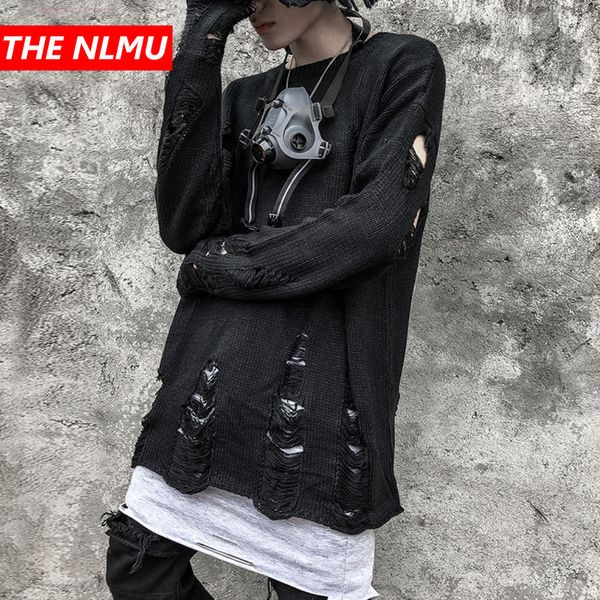 

sweaters men women ripped destroyed holes distressed knitted pullover knitwear male hip hop fashion loose streetwear wg487, White;black