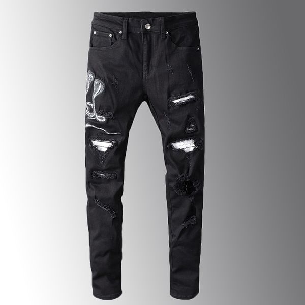 

minglu men's snake embroidered black ripped jeans slim skinny holes patchwork stretch denim pants fashon black mens jeans, Blue