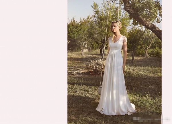 

bohomian 2020 beach wedding dresses deep v neck short sleeves floor length hollow back plus size custom made wedding bridal gowns, White