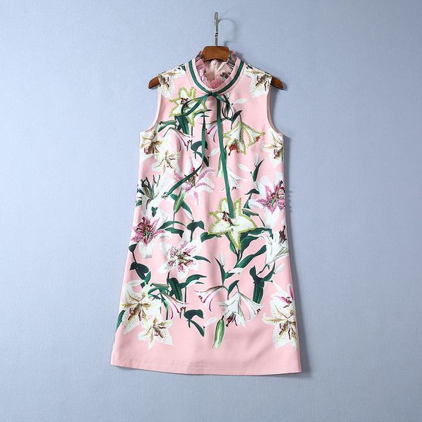 

autumn 2019 new european and american women's wear sleeveless collar nail bead lily printing fashion dress, Black;gray