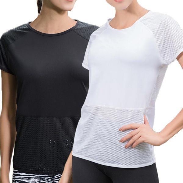 

women black white short sleeve elastic yoga mesh sports t shirt fitness women's gym running tee mesh quick dry shirts, Black;blue