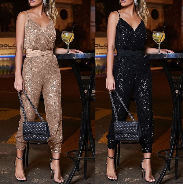 

2020 new european and american socialite v collar condole belt halter back casual slim gold jumpsuit pants for women, Black;white