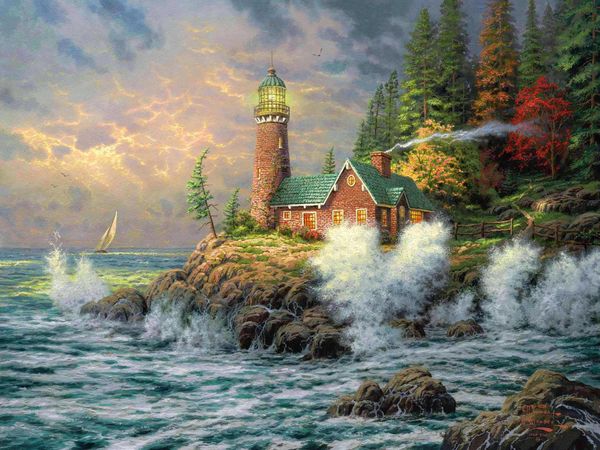 

thomas kinkade lighthouses and sailboats 1-11 home decor handpainted &hd print oil painting on canvas wall art canvas pictures 191111