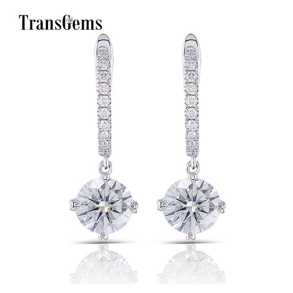 

transgems 14k 585 white gold 2ctw center 6.5mm 1ct fgh color clear moissanite drop earrings gold with accents for women cj191203, Golden