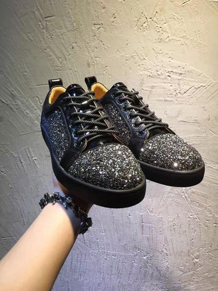

real p] fashion low red bottom sneakers shoes black,red glitter leather casual walking flats wedding party dress shoes
