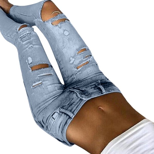 

women jeans fashion solid new skinny high waist trousers denim stretchy pencil pants ripped jeans spodnie damskie #t, Blue