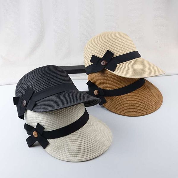 

2019 new bow solid color visor casual dome straw hat tide outdoor fashion summer sunscreen women's cap beach hat, Blue;gray
