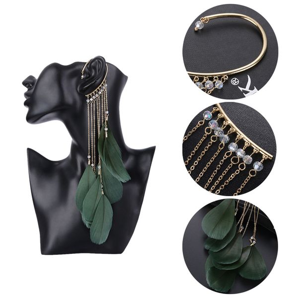 

1 pcs single ear cuff natural feather earrings unique single long alloy chain tassel drop earrings for women fashion jewelry, Golden