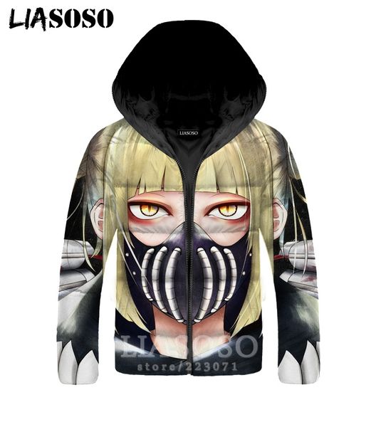 

my hero academia jackets men women himiko toga 3d print anime plus velvet thickening zipper warm fashion down filled coat a281-2, Black