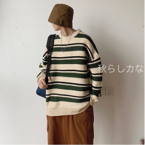 

2019 autumn and winter new striped retro round neck bottoming shirt trend hood loose male korean version of the sweater -2xl, White;black