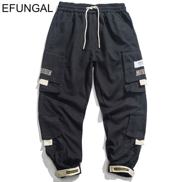 

efungal multi pocket harem joggers skateboard streetwear men hip hop trousers casual outwear cargo pants male straight jogger, Black