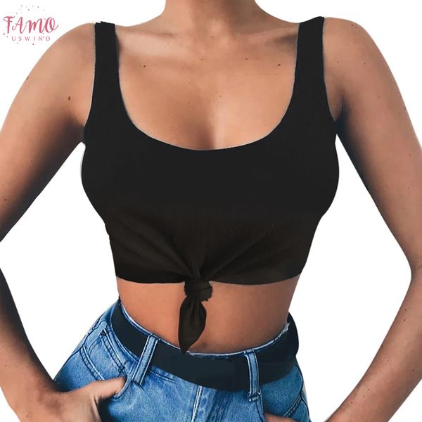 

summer sexy женский crop топы женщины без рукавов мода короткие o шеи твердые бинты knotted топы жилет 3,26, White