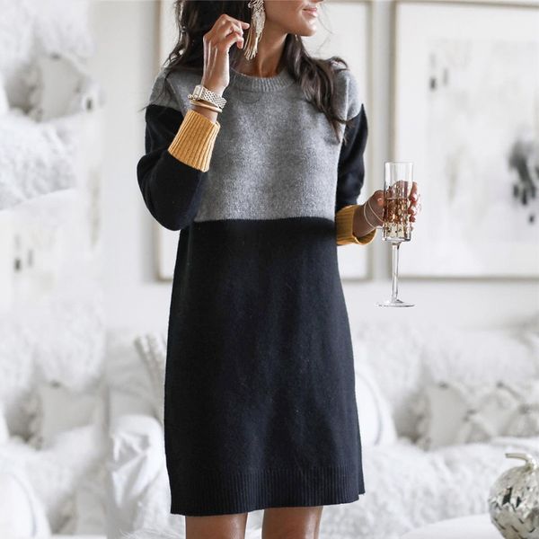 

women's sweater long sleeve plus size pullover slim patchwork sweater knitted long women's clothing winter sueter mujer y7, White;black