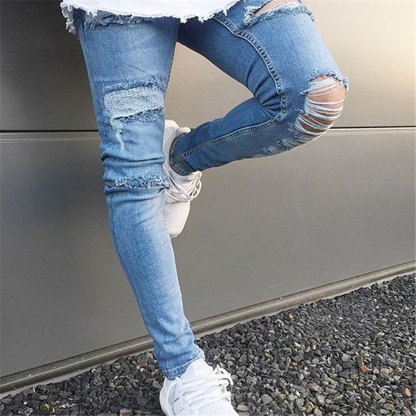 

cycling jeans 2019 new hole slim solid color worn men's trousers men's fashion street light feet pants more size s-xxxl 3xl, Black