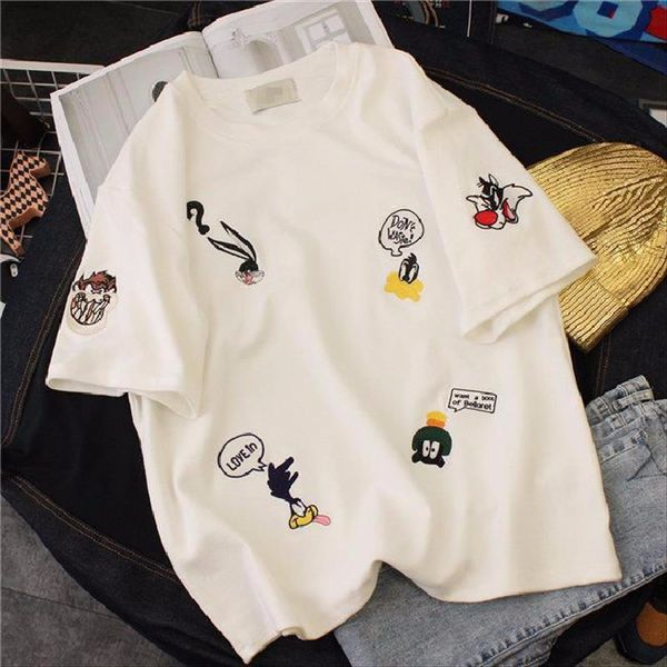 

2019 summer clothes large size women's printed short-sleeved t-shirt clothing female students versatile loose harajuku style bf top, White