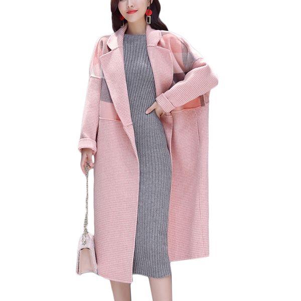 

autumn winter spliced plaid woolen jacket woman long sleeve single button turn-down collar pockets long wide-waisted coat a1040, Black