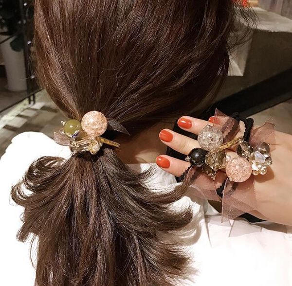 

50pcs/lot diy simple multi pearl drill bracelet rubber band elasticity bowknot ponytail hair bands styling tool accessory ha1659, Brown