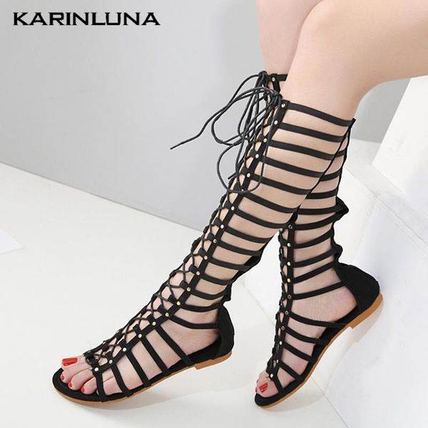 

karin 2020 new fashion flock gladiator woman shoes flat with narrow band zip metal decoration summer casual women sandals, Black