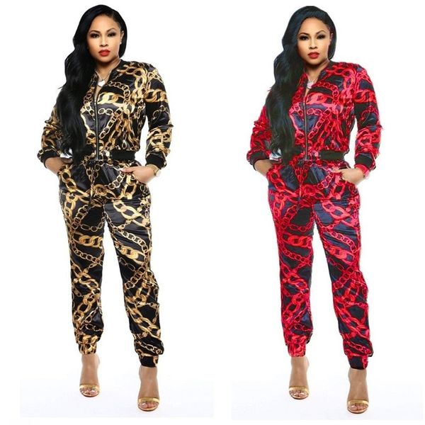 

vintage chain printed zip up jackets and pencil pants suits women two piece set sporty tracksuits female 2pcs tracksuit outfits, White