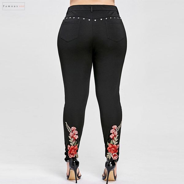 

полиэстер размер женщины леггинсы плюс цветочные упругие rivet карандаш штаны тощий высокий вышивки женщин брюки большого размера женские бр, Black