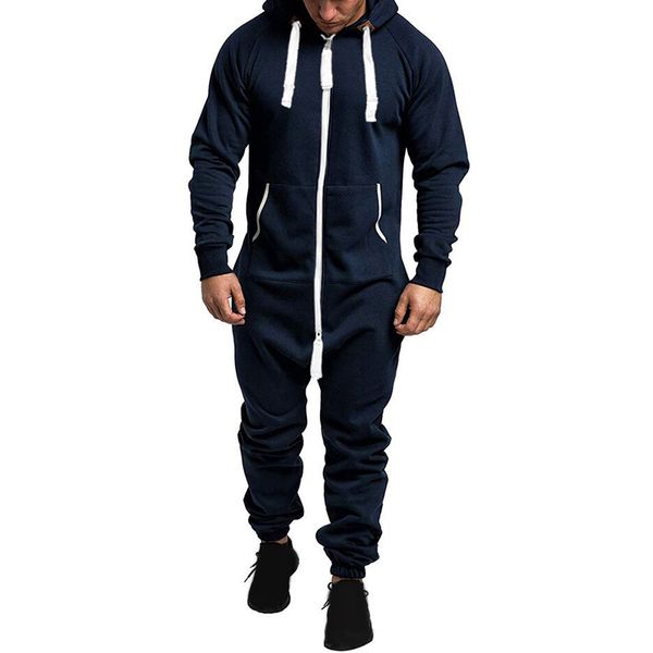 

men romper jumpsuits hoodie long sleeve drawstring zip loose fit casual sports autumn tracksuit overall plus size, Gray