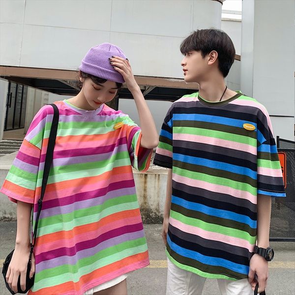 

2020 striped couple clothing t-shirt clothing short-sleeved t-shirt female students summer clothes half-sleeved class clothes rainbow in, White