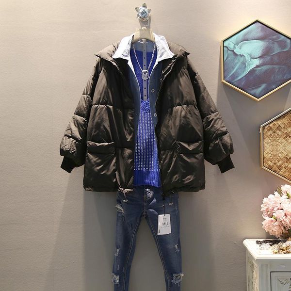 

z-zoux women parka winter outwear jacket coat hooded winter woman coat loose casual down jacket jean stitching fake two parka, Black