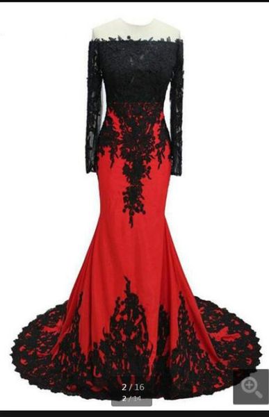 

2019 real picture red chiffon lace appliques mermaid prom dress long sleeve off the shoulder evening party prom gowns sale, Black