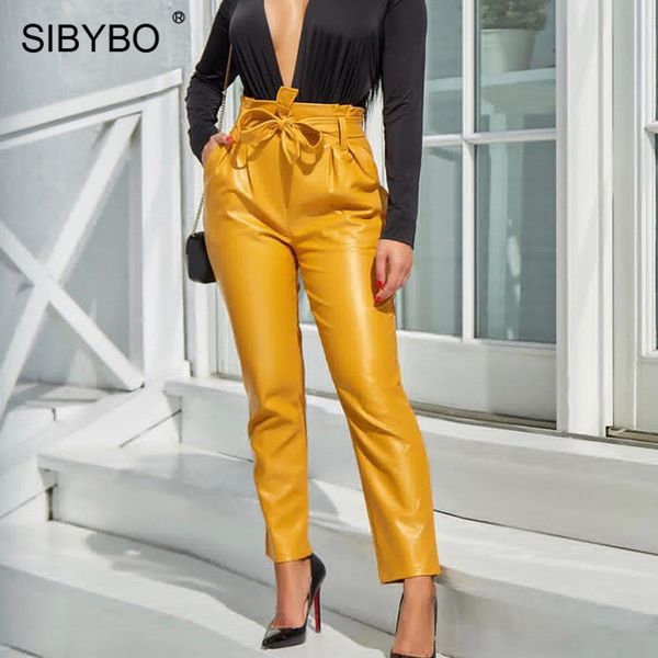 

sibybo высокой талией кожа pu повседневные брюки женщин осень мода drawstring карандаш брюки женские карманы streetwear женские брюки, Black;white