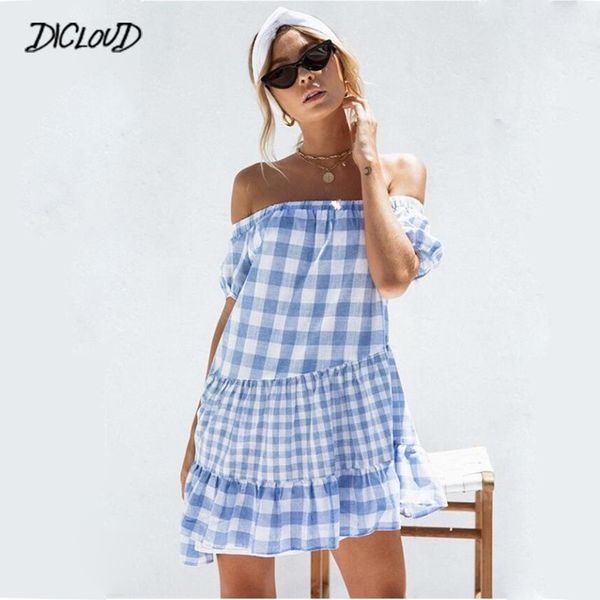 

printed plaid dress women fashion loose ruffled beach dress female splice casual strapless party blue dresses vestidos, Black;pink
