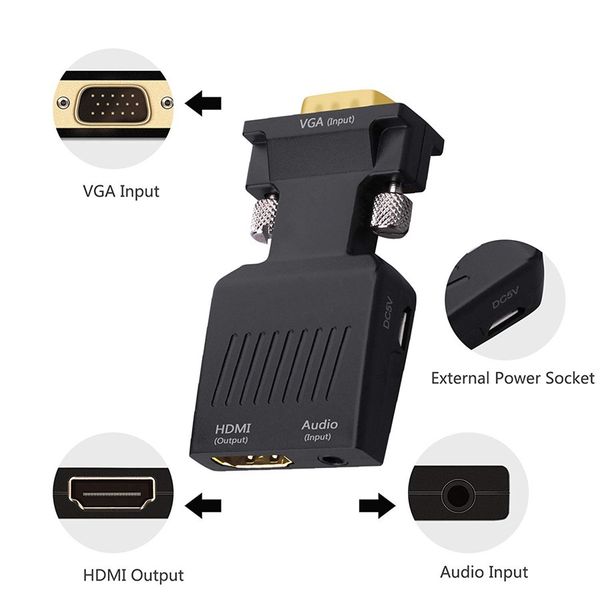 

vga to hdmi adapter, stereo r/l channel 5v1a vga to hdmi cable converter with audio for hdtv, vga male to hdmi female