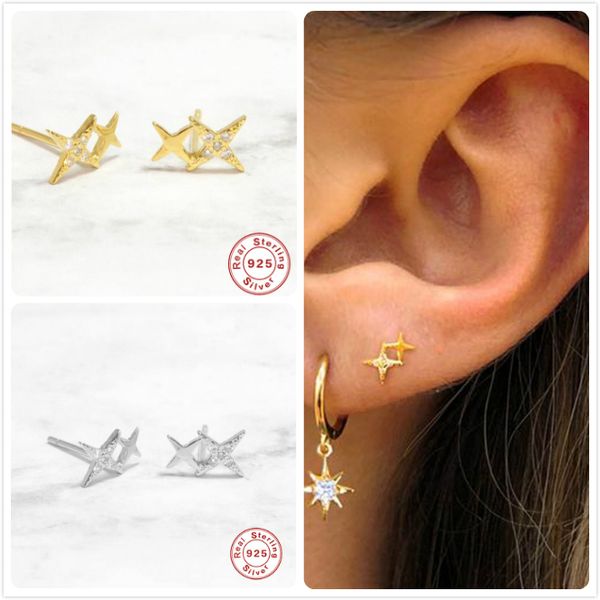 

real 925 серебряные серьги для женщин золото циркон star серьги девушка уха bone пирсинг серьги punk женский звездное aretes z5, Golden;silver