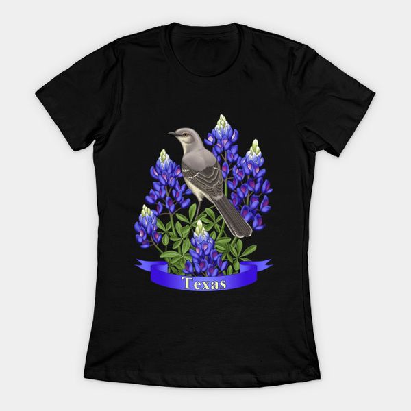 

texas state mockingbird and bluebonnet flower women's t-shirt, White