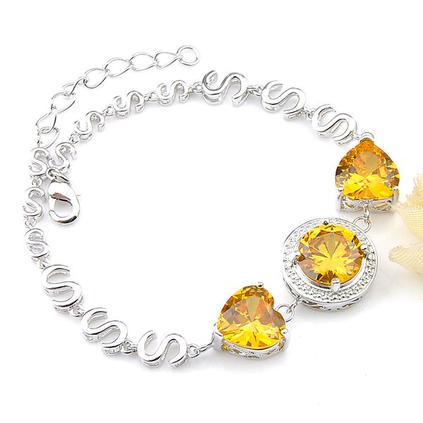 

luckyshine 925 sterling silver adjustable bracelets for women round citrine retro dazzling cz heart-shaped bracelets 8" new, Golden;silver